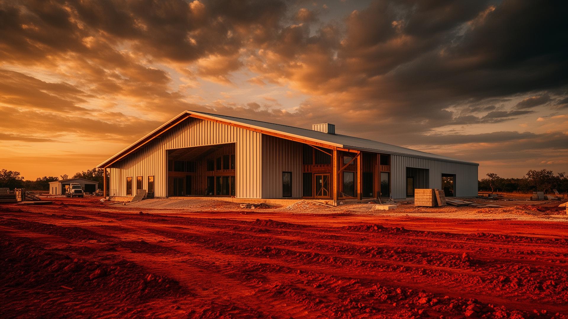 Custom barndominium build on red Texas dirt at sunset