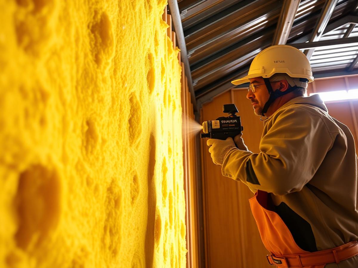 Spray foam insulation being applied inside a Texas shop